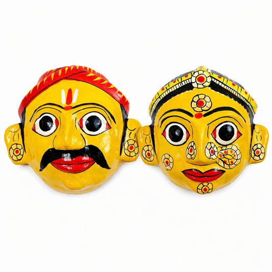 Cheriyal Mask Wall Decor Set Yellow(Male & Female) – Handcrafted & Hand-Painted Indian Folk Art – Traditional Telangana Hanging Wall Art for Living Room, Home Décor & Gifting (7x7 Inch Each)