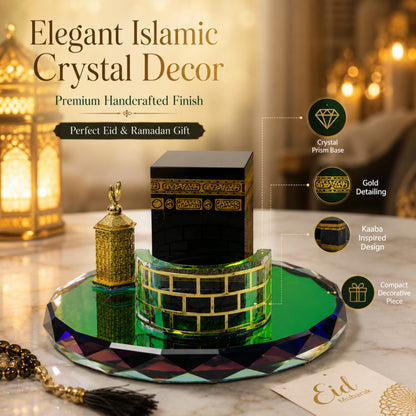 Luxury Crystal Kaaba Decor Islamic Gift Showpiece with Gold Detailing & Reflective Crystal Base for Ramadan Eid Home Decoration – 4 x 2 x 4 Inch
