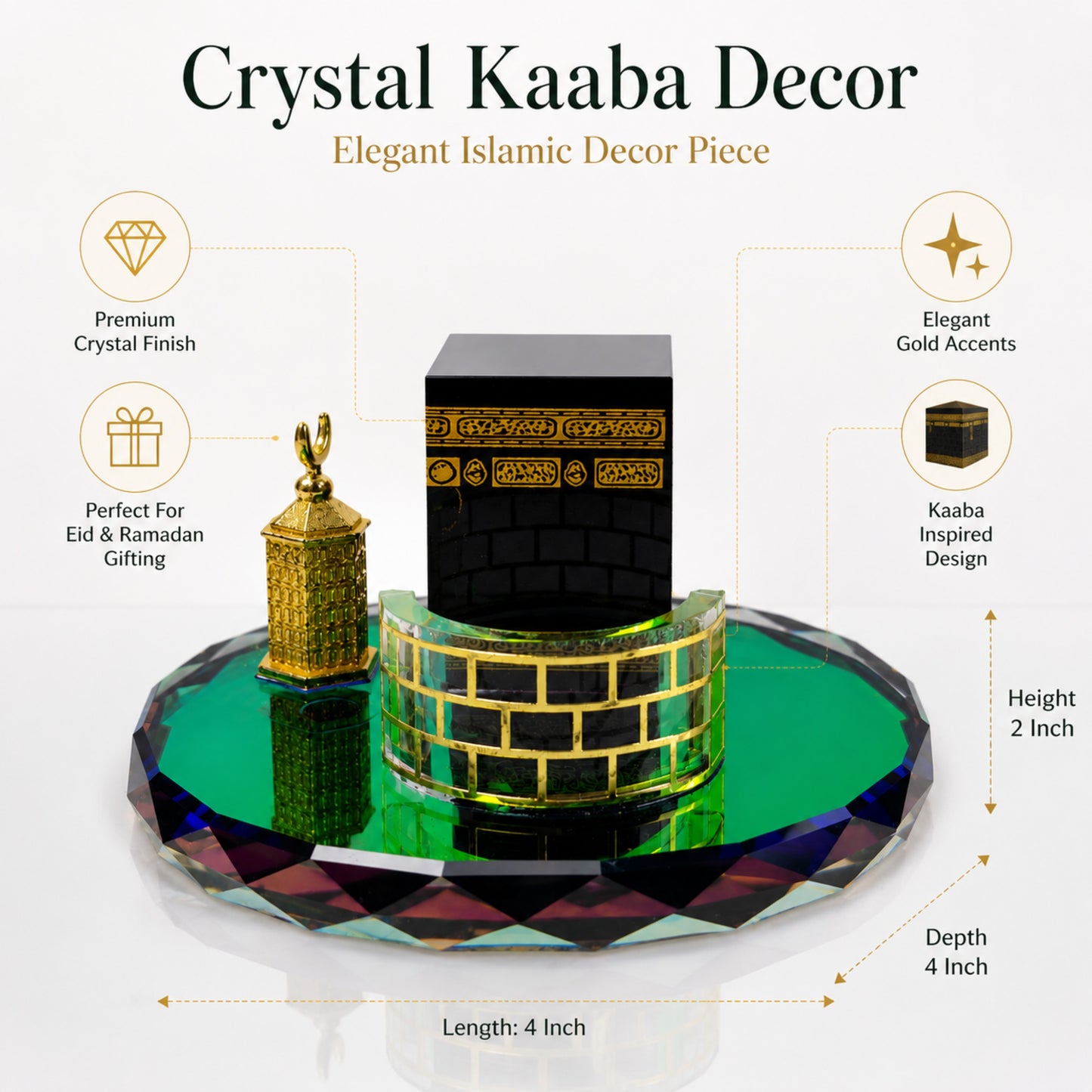 Luxury Crystal Kaaba Decor Islamic Gift Showpiece with Gold Detailing & Reflective Crystal Base for Ramadan Eid Home Decoration – 4 x 2 x 4 Inch