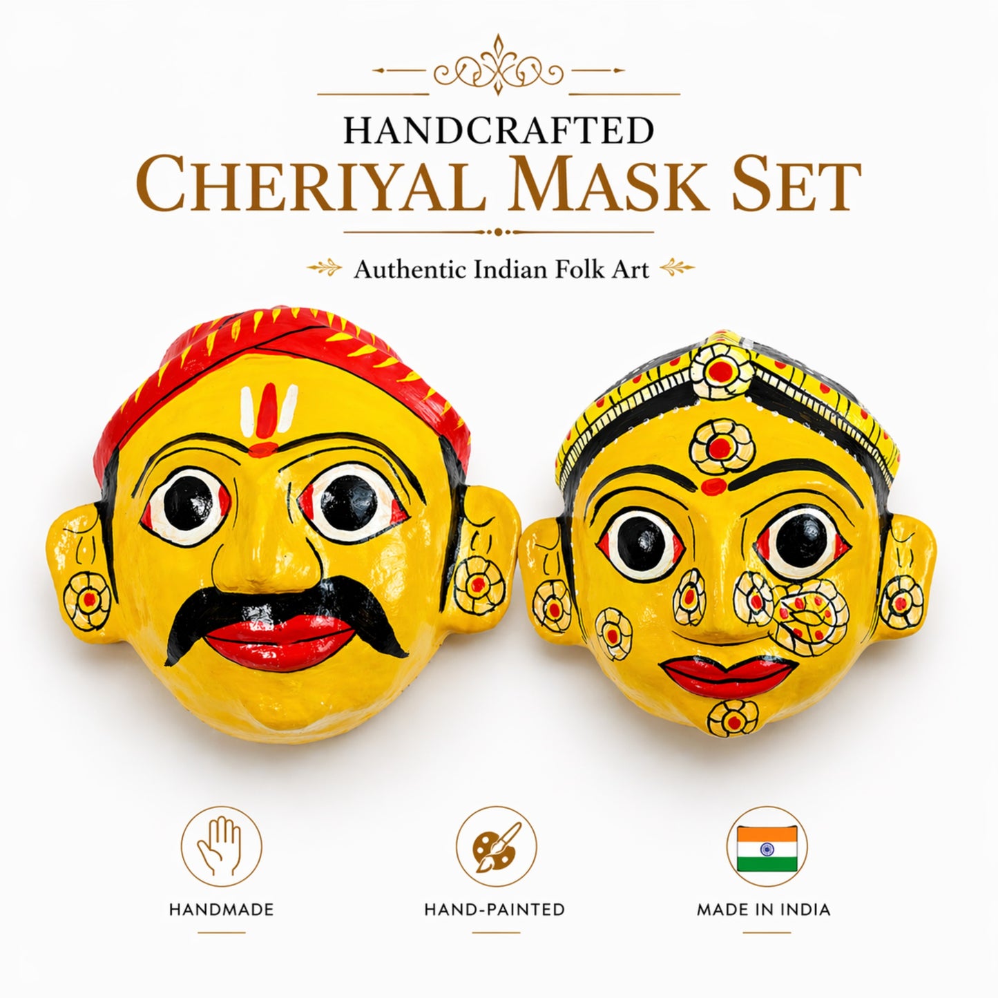 Cheriyal Mask Wall Decor Set Yellow(Male & Female) – Handcrafted & Hand-Painted Indian Folk Art – Traditional Telangana Hanging Wall Art for Living Room, Home Décor & Gifting (7x7 Inch Each)
