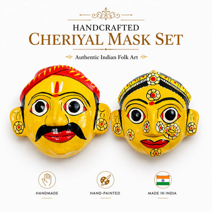 Cheriyal Mask Wall Decor Set Yellow(Male & Female) – Handcrafted & Hand-Painted Indian Folk Art – Traditional Telangana Hanging Wall Art for Living Room, Home Décor & Gifting (7x7 Inch Each)
