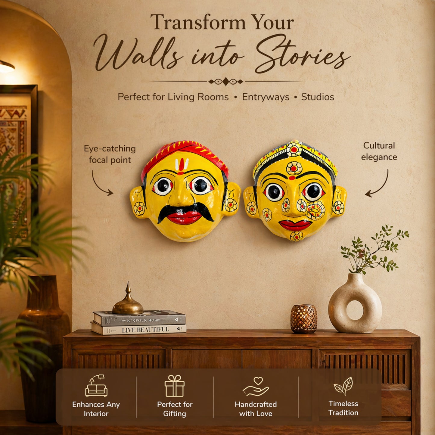 Cheriyal Mask Wall Decor Set Yellow(Male & Female) – Handcrafted & Hand-Painted Indian Folk Art – Traditional Telangana Hanging Wall Art for Living Room, Home Décor & Gifting (7x7 Inch Each)