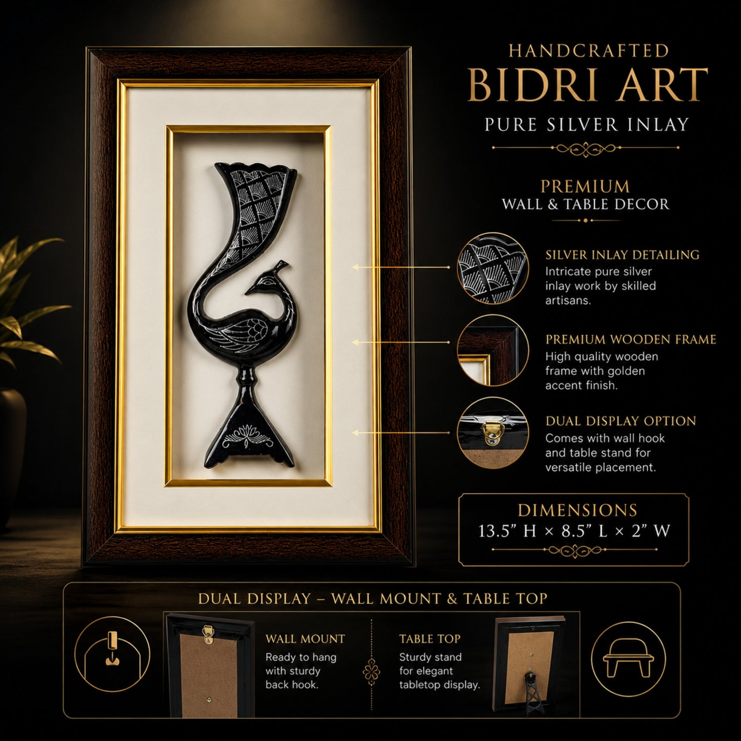 Bidri Pure Silver Inlay Peacock Wall Decor Frame | Handmade Bidri Art Table Top & Wall Mount Showpiece | Luxury Home Décor Gift | 13.5 x 8.5 x 2 Inches