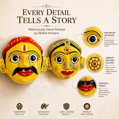 Cheriyal Mask Wall Decor Set Yellow(Male & Female) – Handcrafted & Hand-Painted Indian Folk Art – Traditional Telangana Hanging Wall Art for Living Room, Home Décor & Gifting (7x7 Inch Each)