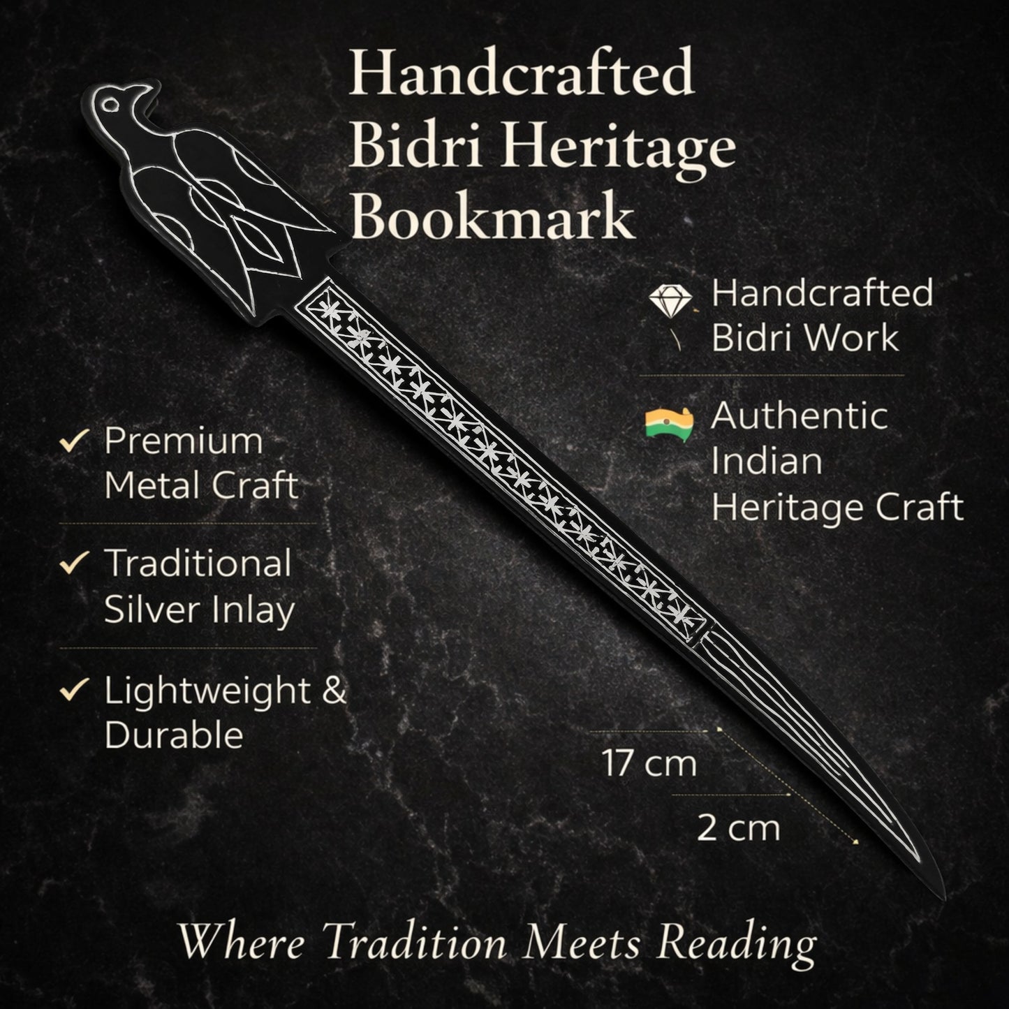 Premium Handcrafted Bidri Bookmark – Traditional Silver Inlay Metal Bookmark, Indian Heritage Craft, Elegant Gift for Book Lovers, 17 cm Luxury Handmade Bookmark