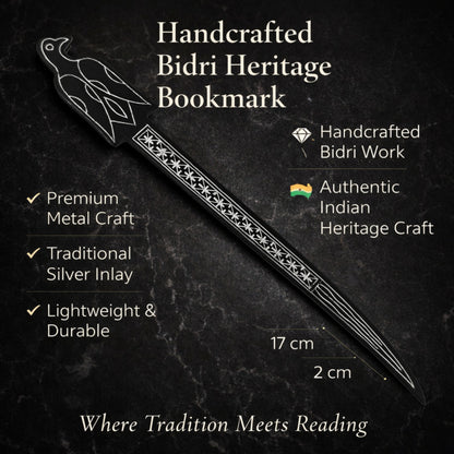 Premium Handcrafted Bidri Bookmark – Traditional Silver Inlay Metal Bookmark, Indian Heritage Craft, Elegant Gift for Book Lovers, 17 cm Luxury Handmade Bookmark
