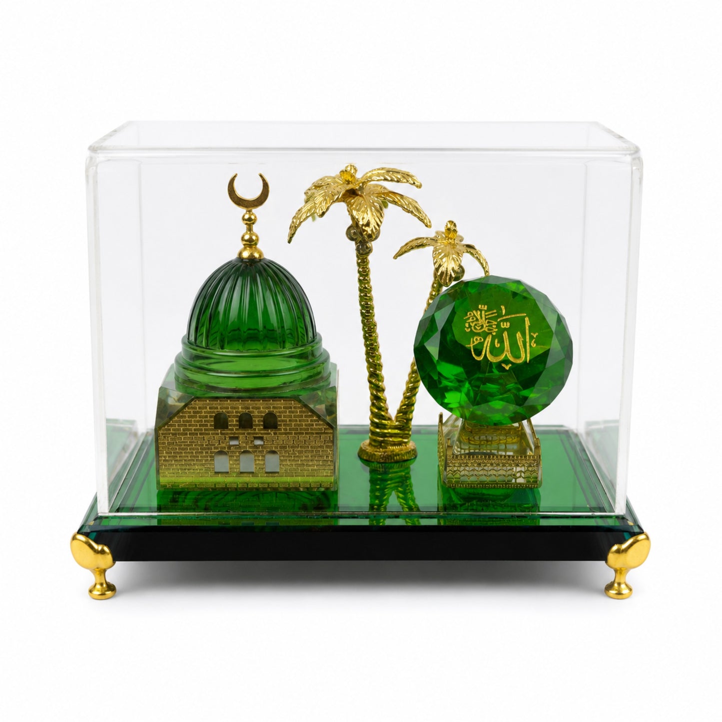 Luxury Green Crystal & Gold-Plated Masjid Nabawi Table Souvenir with Acrylic Case – Islamic Home Decor Gift Showpiece (5 x 4 x 3 Inch)