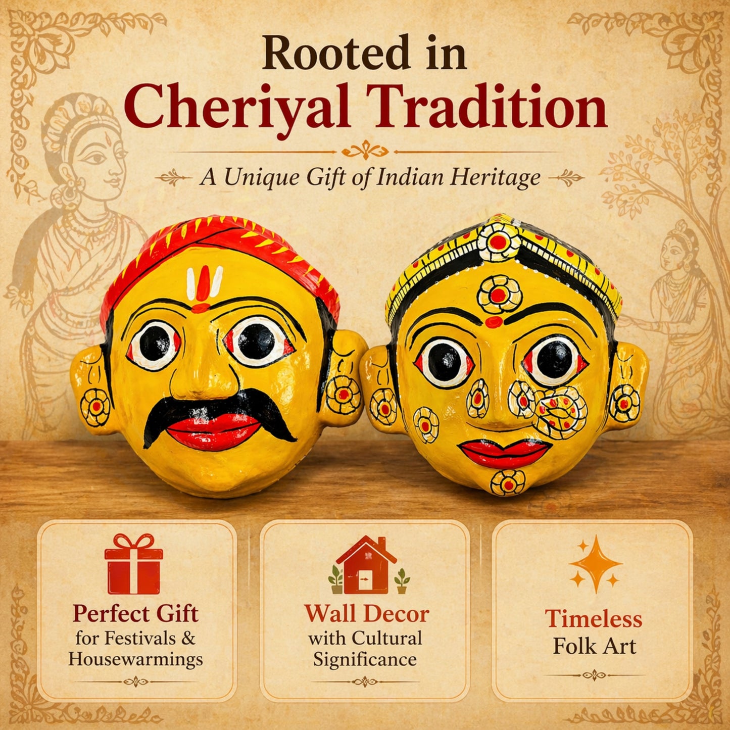 Cheriyal Mask Wall Decor Set Yellow(Male & Female) – Handcrafted & Hand-Painted Indian Folk Art – Traditional Telangana Hanging Wall Art for Living Room, Home Décor & Gifting (7x7 Inch Each)