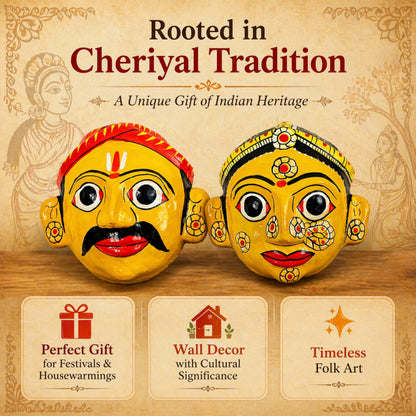 Cheriyal Mask Wall Decor Set Yellow(Male & Female) – Handcrafted & Hand-Painted Indian Folk Art – Traditional Telangana Hanging Wall Art for Living Room, Home Décor & Gifting (7x7 Inch Each)