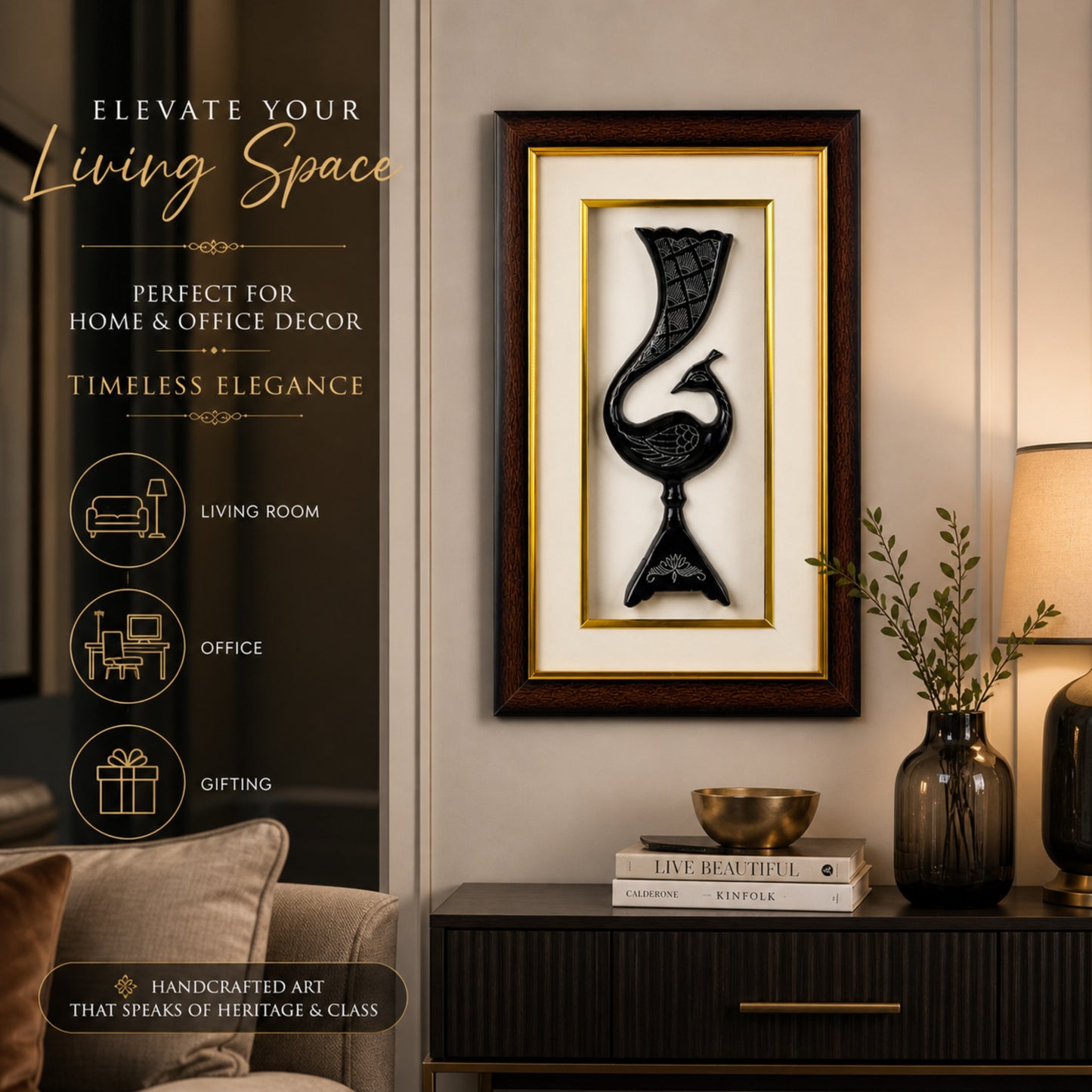 Bidri Pure Silver Inlay Peacock Wall Decor Frame | Handmade Bidri Art Table Top & Wall Mount Showpiece | Luxury Home Décor Gift | 13.5 x 8.5 x 2 Inches