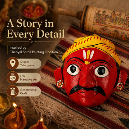 Handcrafted Cheriyal Mask 4x4 Inch | Telangana Folk Art Wall Decor | Hand Painted Indian Ethnic Hanging | Small Wooden Mask for Home, Living Room & Gift