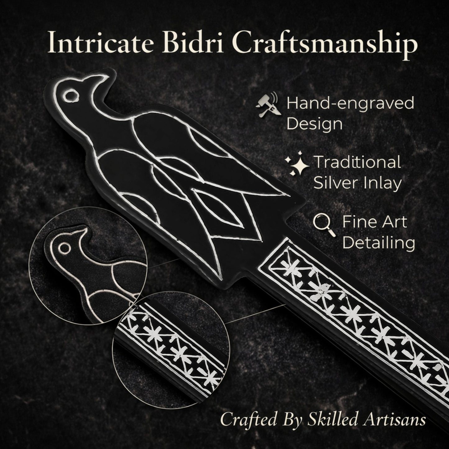 Premium Handcrafted Bidri Bookmark – Traditional Silver Inlay Metal Bookmark, Indian Heritage Craft, Elegant Gift for Book Lovers, 17 cm Luxury Handmade Bookmark