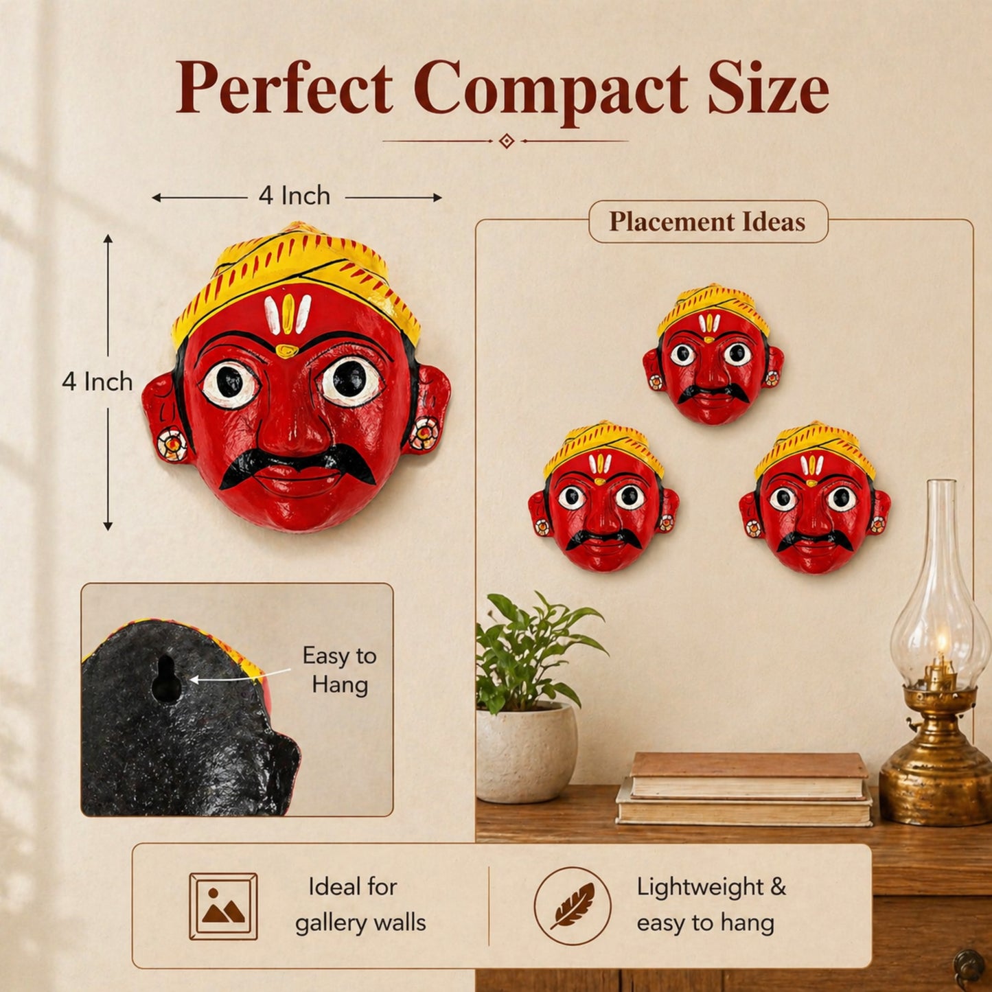Handcrafted Cheriyal Mask 4x4 Inch | Telangana Folk Art Wall Decor | Hand Painted Indian Ethnic Hanging | Small Wooden Mask for Home, Living Room & Gift