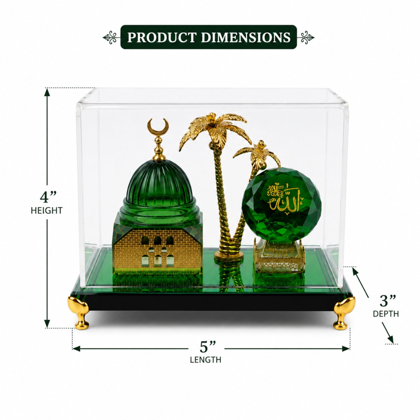 Luxury Green Crystal & Gold-Plated Masjid Nabawi Table Souvenir with Acrylic Case – Islamic Home Decor Gift Showpiece (5 x 4 x 3 Inch)