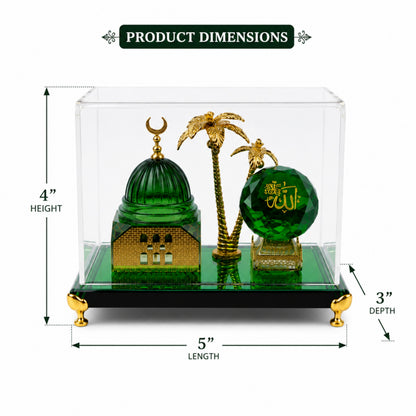 Luxury Green Crystal & Gold-Plated Masjid Nabawi Table Souvenir with Acrylic Case – Islamic Home Decor Gift Showpiece (5 x 4 x 3 Inch)
