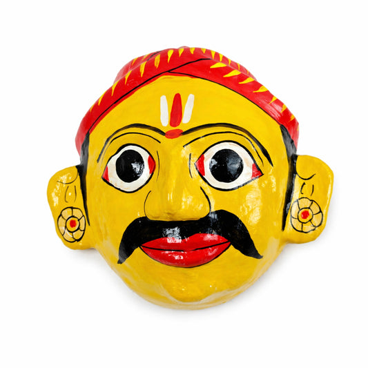 Handmade Cheriyal Mask Wall Decor – Traditional Telangana Hand-Painted Art | Wooden Folk Face Mask for Home Decoration | Ethnic Wall Hanging for Living Room, Office & Gifting (YELLOW MALE)