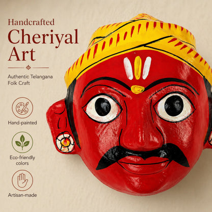Handcrafted Cheriyal Mask 4x4 Inch | Telangana Folk Art Wall Decor | Hand Painted Indian Ethnic Hanging | Small Wooden Mask for Home, Living Room & Gift