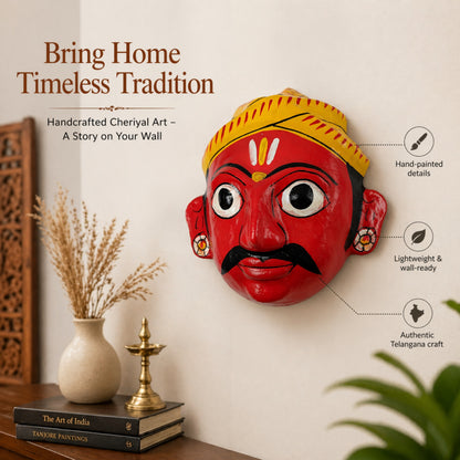 Handcrafted Cheriyal Mask Wall Décor – Traditional Telangana Folk Art, Hand-Painted Wooden Face Mask for Home Decoration, Cultural Gift (7 Inch)