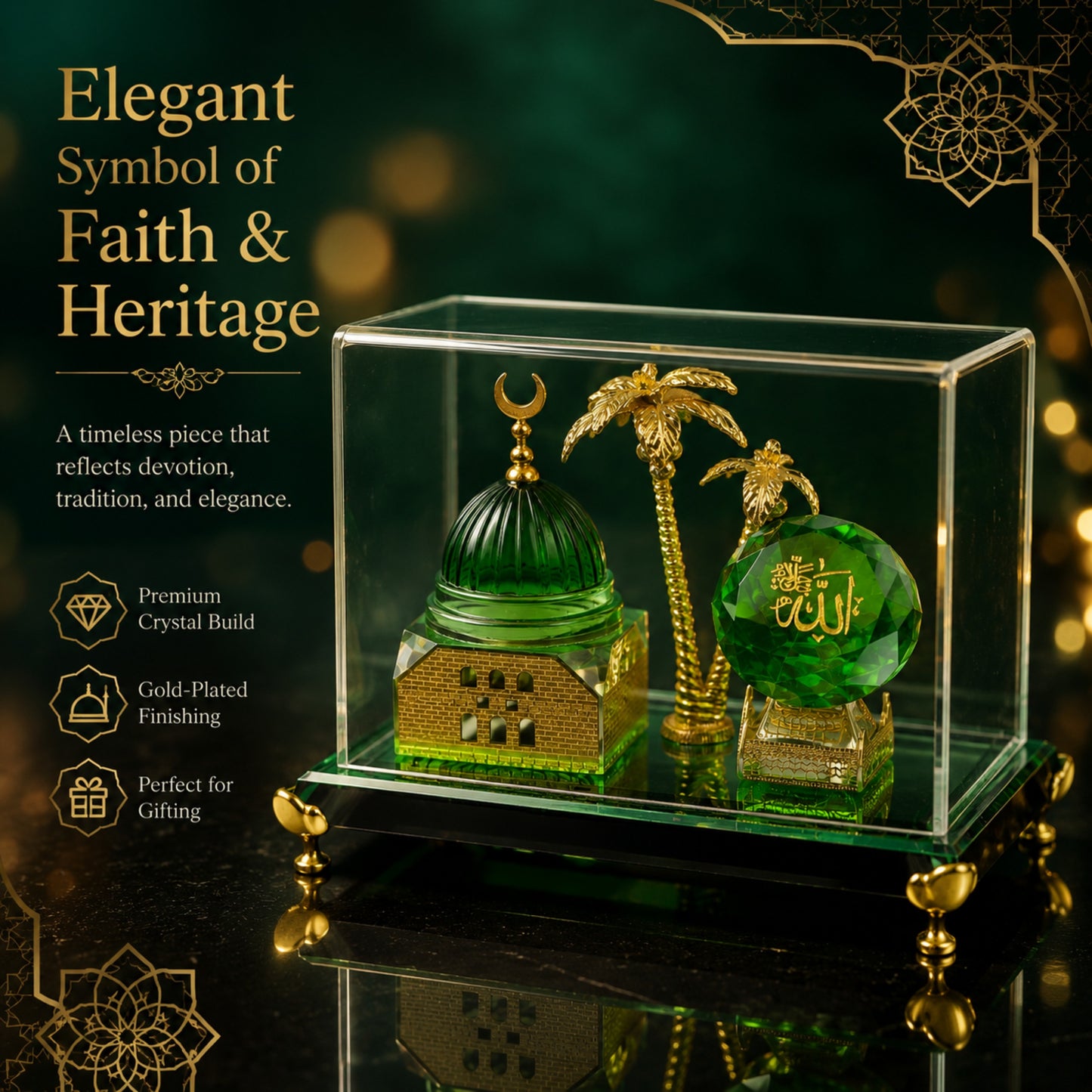 Luxury Green Crystal & Gold-Plated Masjid Nabawi Table Souvenir with Acrylic Case – Islamic Home Decor Gift Showpiece (5 x 4 x 3 Inch)