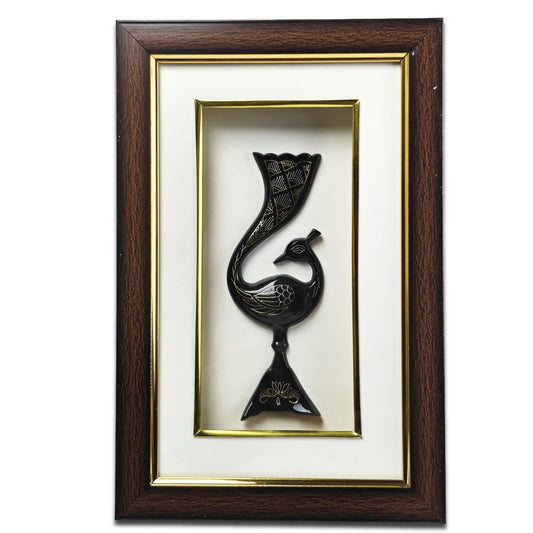 Handmade Bidri Art Peacock Wall & Table Top Décor with Pure Silver and Copper Inlay | Luxury Indian Heritage Metal Artwork | Ready to Hang Decorative Frame | 7.5 x 11.5 x 1.5 Inches