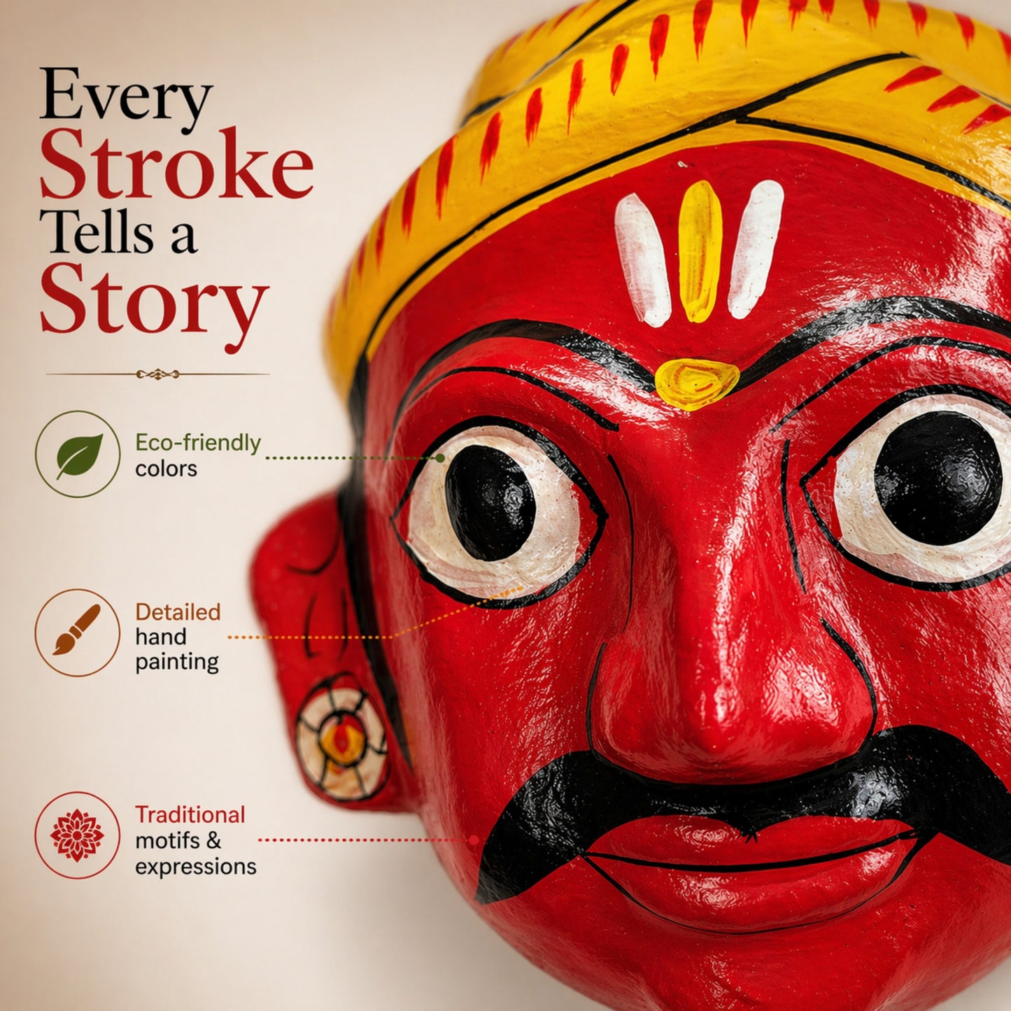 Handcrafted Cheriyal Mask Wall Décor – Traditional Telangana Folk Art, Hand-Painted Wooden Face Mask for Home Decoration, Cultural Gift (7 Inch)