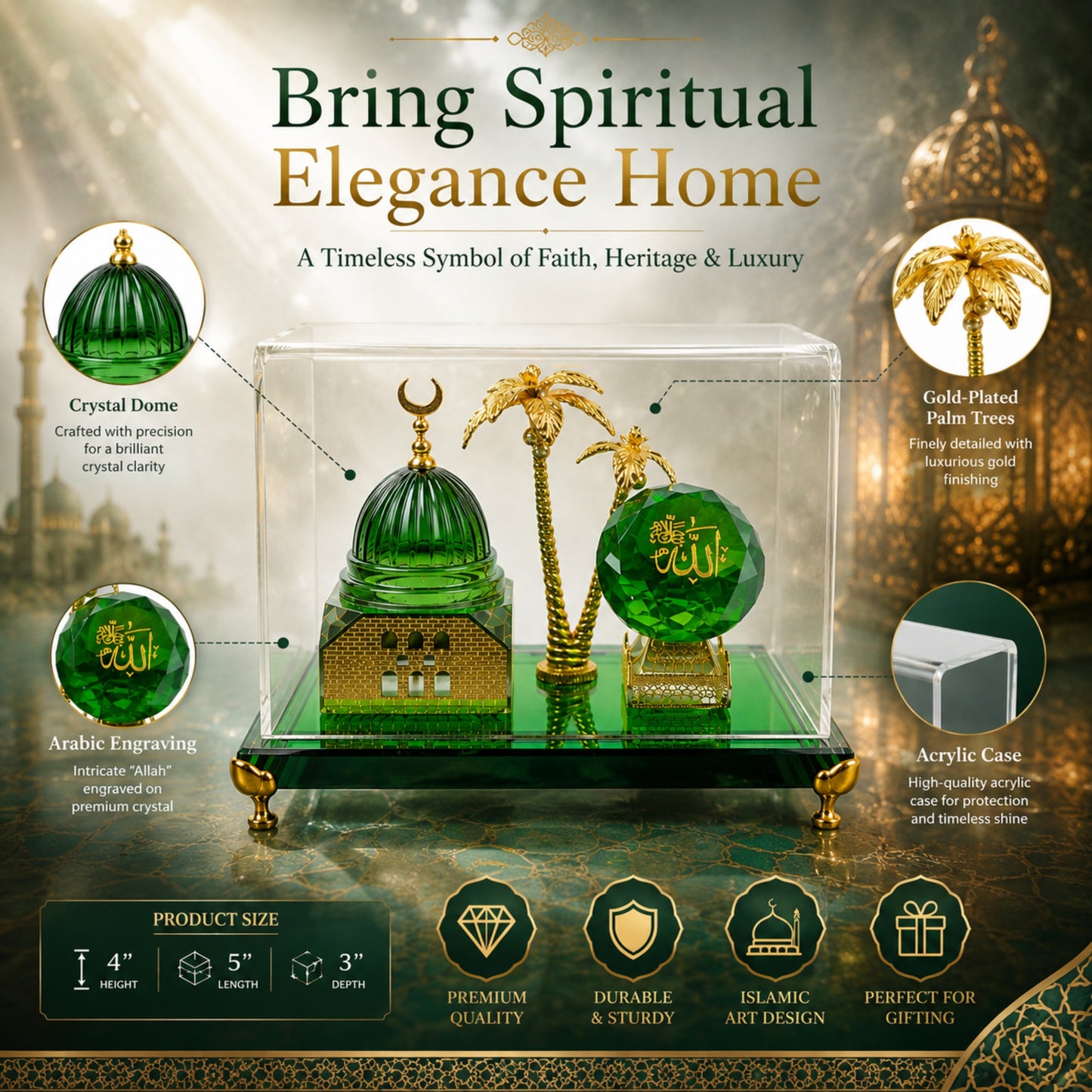 Luxury Green Crystal & Gold-Plated Masjid Nabawi Table Souvenir with Acrylic Case – Islamic Home Decor Gift Showpiece (5 x 4 x 3 Inch)