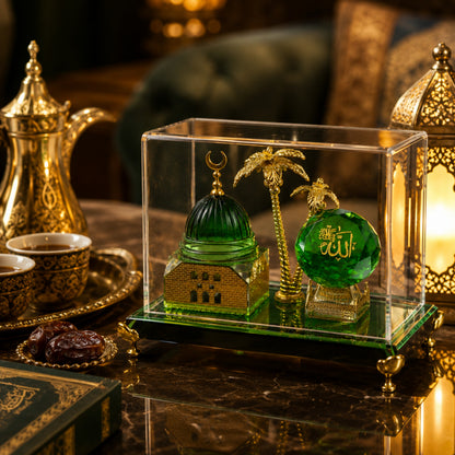 Luxury Green Crystal & Gold-Plated Masjid Nabawi Table Souvenir with Acrylic Case – Islamic Home Decor Gift Showpiece (5 x 4 x 3 Inch)