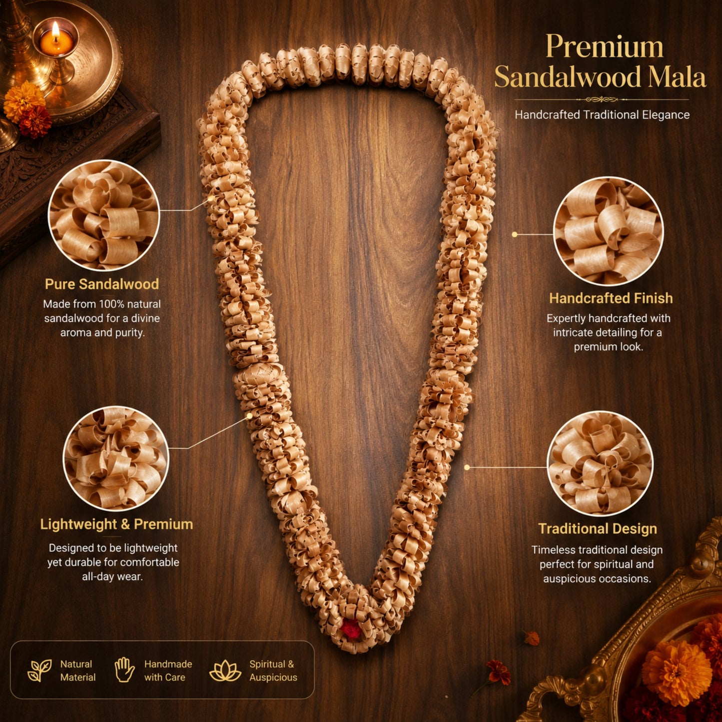 Pure Sandalwood Handmade Mala Garland for Pooja, Wedding & Home Decor – Natural Fragrance Traditional Craft | 30 Inch x 12 Inch