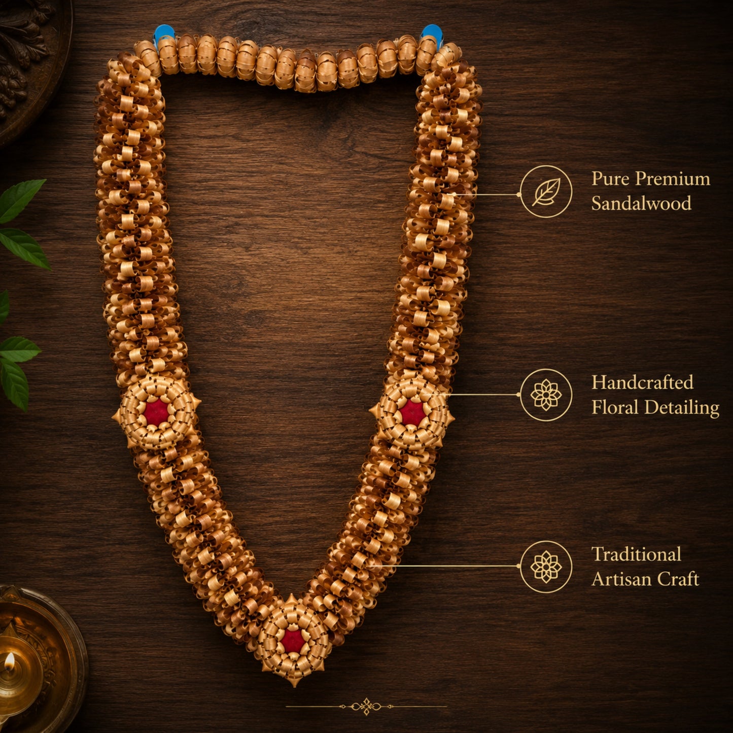 Premium Handmade Sandalwood Mala for Pooja & Temple Decoration | Traditional Wooden Flower Garland | Spiritual Home Decor | Artisan Handcrafted Religious Hanging | Natural Sandalwood Craft | Decorative Gift Item | 30X30X12 Inches