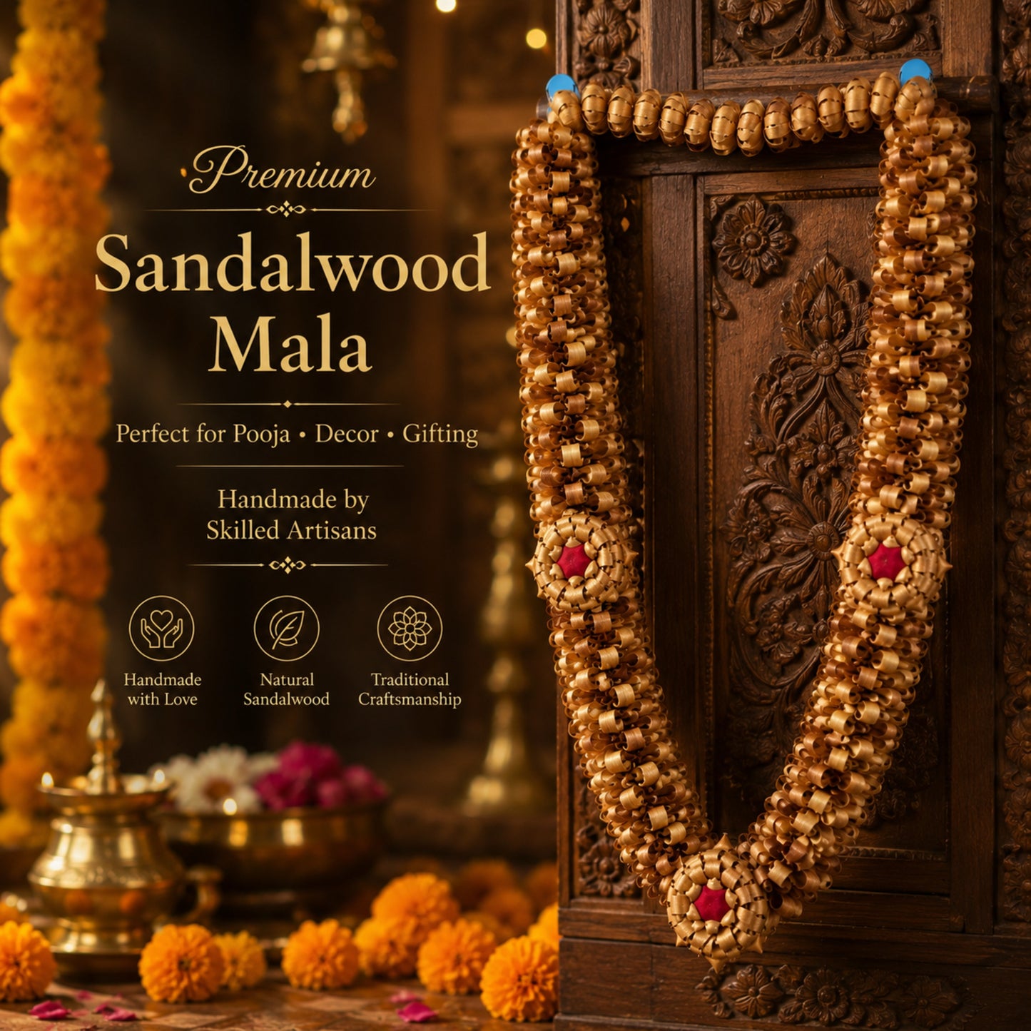 Premium Handmade Sandalwood Mala for Pooja & Temple Decoration | Traditional Wooden Flower Garland | Spiritual Home Decor | Artisan Handcrafted Religious Hanging | Natural Sandalwood Craft | Decorative Gift Item | 30X30X12 Inches