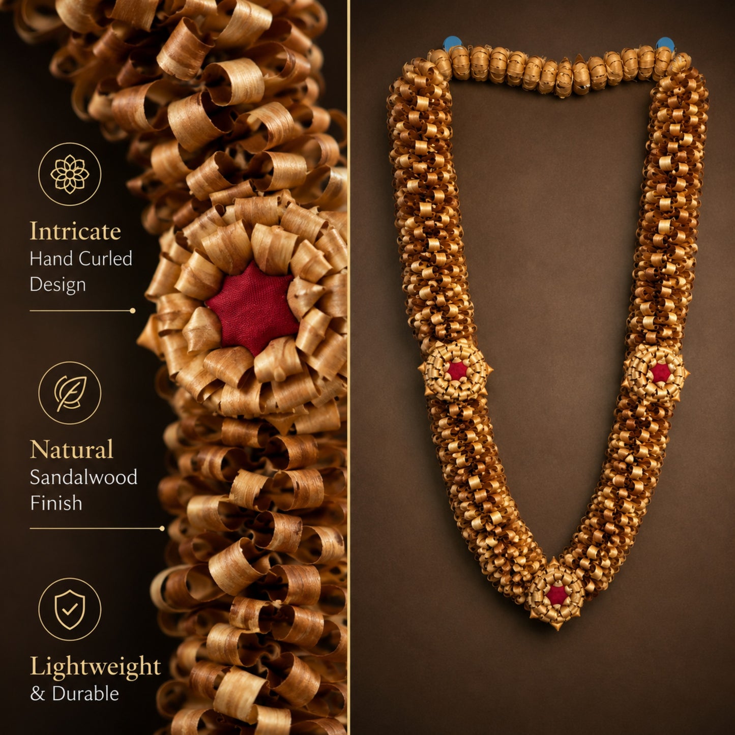 Premium Handmade Sandalwood Mala for Pooja & Temple Decoration | Traditional Wooden Flower Garland | Spiritual Home Decor | Artisan Handcrafted Religious Hanging | Natural Sandalwood Craft | Decorative Gift Item | 30X30X12 Inches