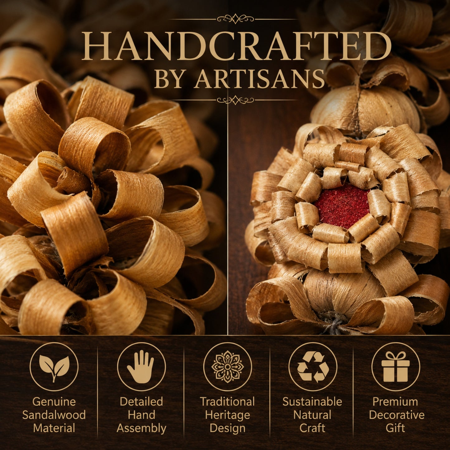 Premium Natural Sandalwood Decorative Mala for Home Temple & Pooja Room | Handcrafted Traditional Hanging Garland | Eco-Friendly Spiritual Home Décor & Festive Gift | 18X18X10 Inches
