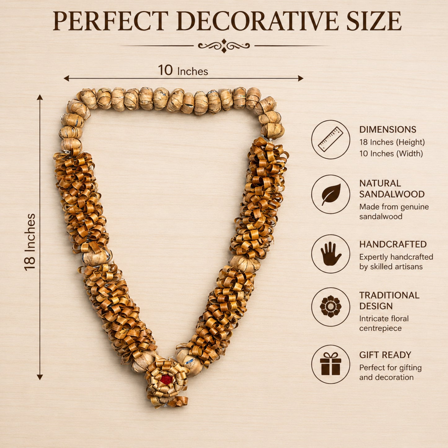 Premium Natural Sandalwood Decorative Mala for Home Temple & Pooja Room | Handcrafted Traditional Hanging Garland | Eco-Friendly Spiritual Home Décor & Festive Gift | 18X18X10 Inches