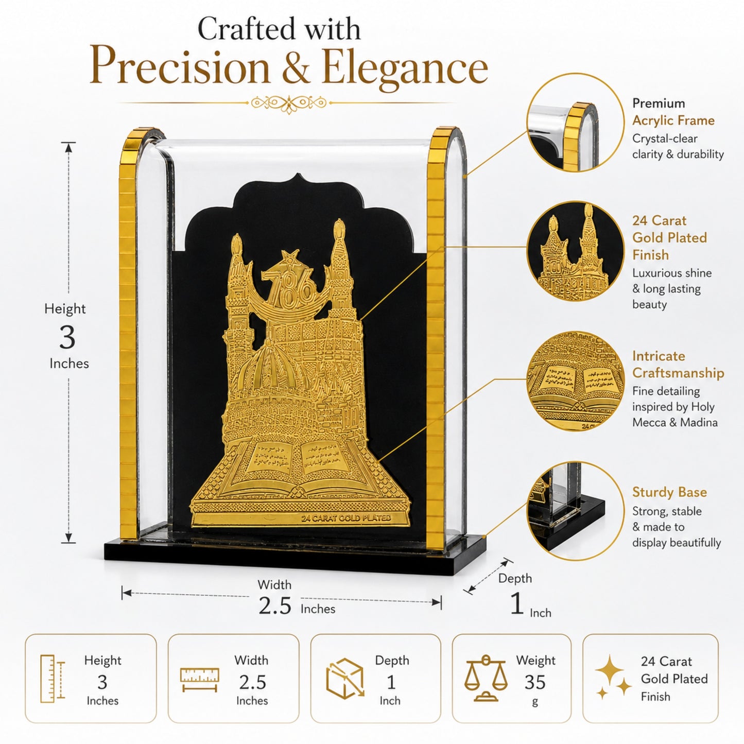 786 Mecca Madina 24 Carat Gold Plated Acrylic Showpiece for Home, Office Desk & Car Dashboard | Islamic Decorative Gift Item | Premium Crystal Clear Display Frame | 3 x 2.5 x 1 Inch