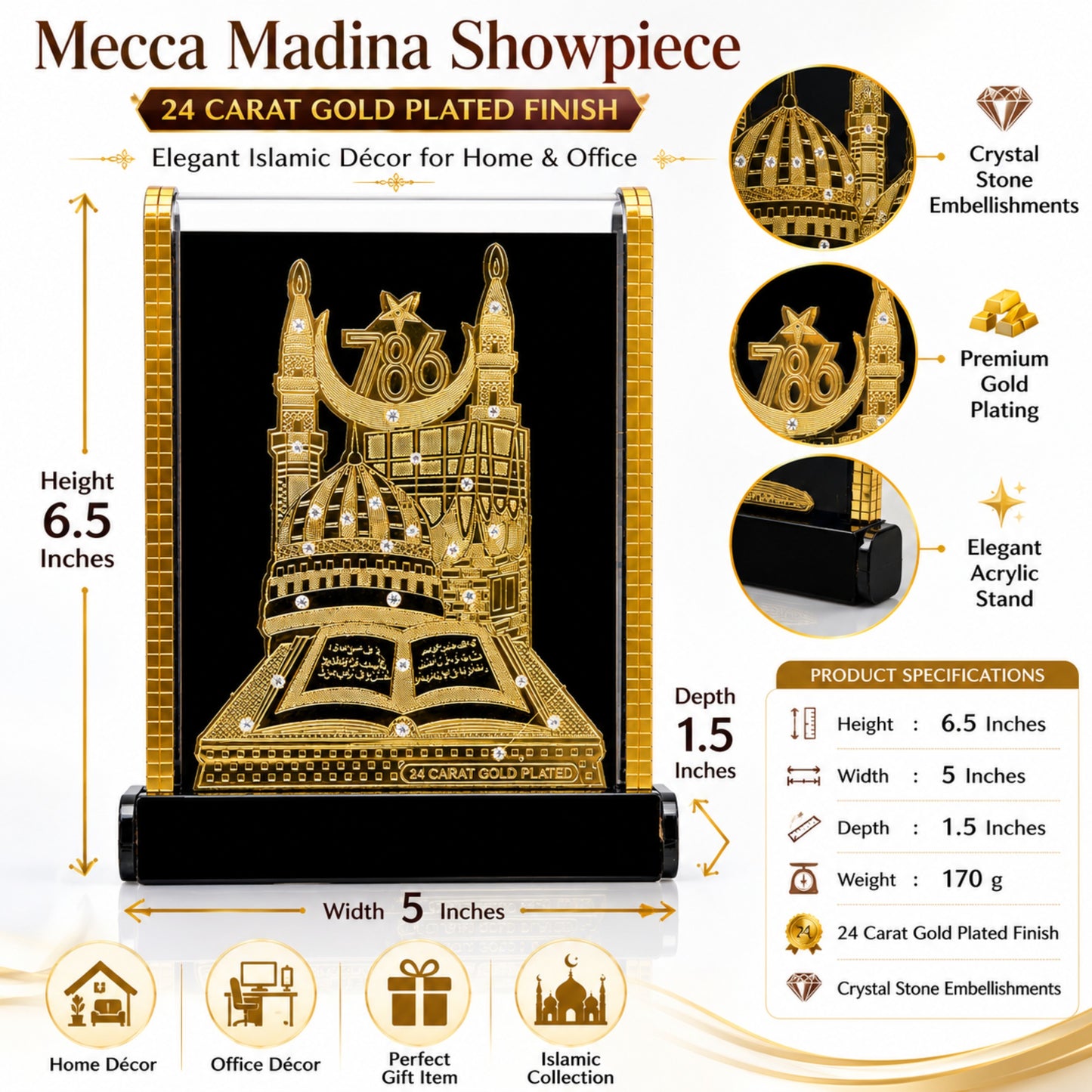 Mecca Madina 24 Carat Gold Plated Islamic Showpiece with Crystal Stone Embellishments | Premium Acrylic Table Decor for Home, Office & Car Dashboard | Muslim Gift Item | 6.5 x 5 x 1.5 Inches