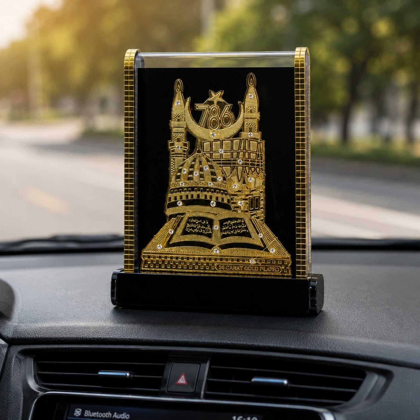 Mecca Madina 24 Carat Gold Plated Islamic Showpiece with Crystal Stone Embellishments | Premium Acrylic Table Decor for Home, Office & Car Dashboard | Muslim Gift Item | 6.5 x 5 x 1.5 Inches