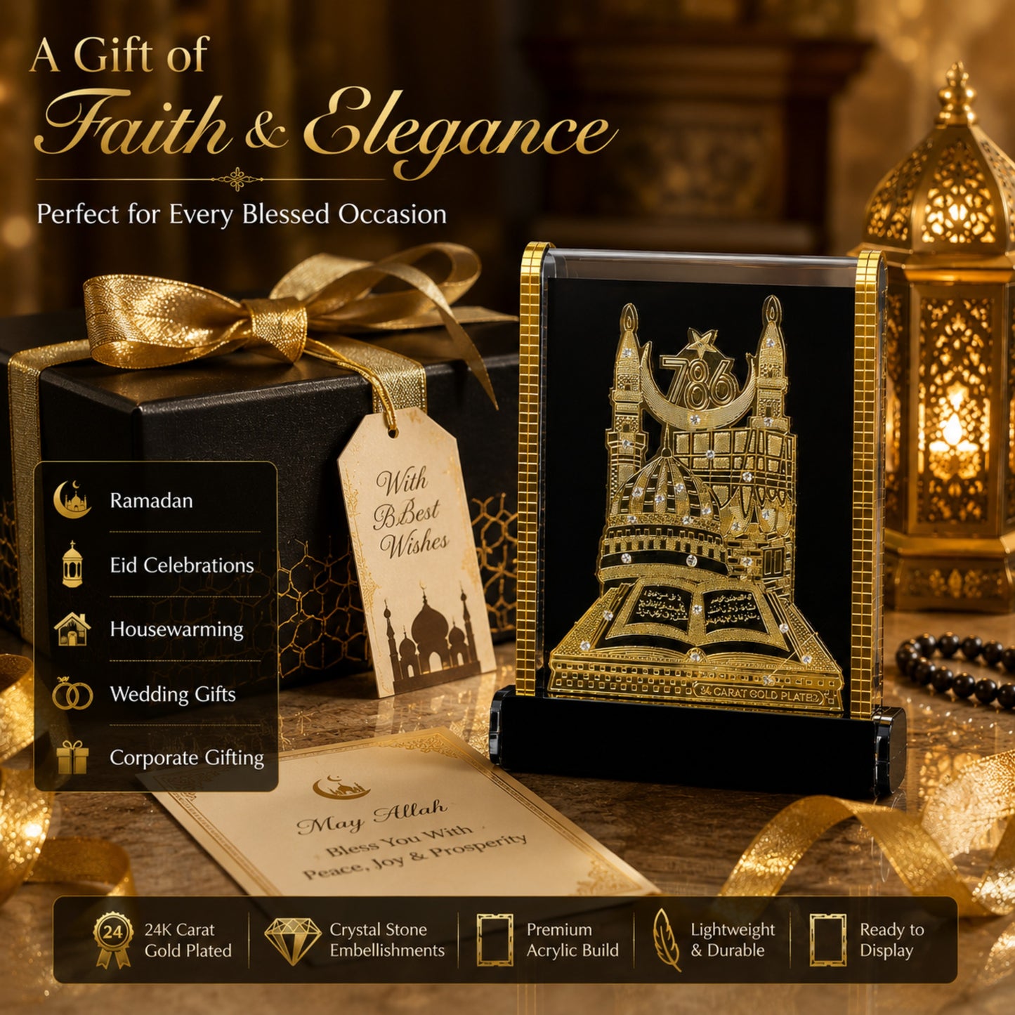 Mecca Madina 24 Carat Gold Plated Islamic Showpiece with Crystal Stone Embellishments | Premium Acrylic Table Decor for Home, Office & Car Dashboard | Muslim Gift Item | 6.5 x 5 x 1.5 Inches