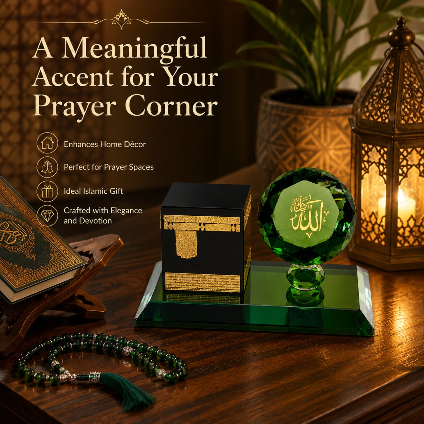 Kaaba Crystal Showpiece with Allah Crystal Accent – Premium Islamic Home Décor, Elegant Eid & Ramadan Gift, Prayer Room & Office Table Decoration, Luxury Gift Box Included (3.5 x 2 x 2 Inches)