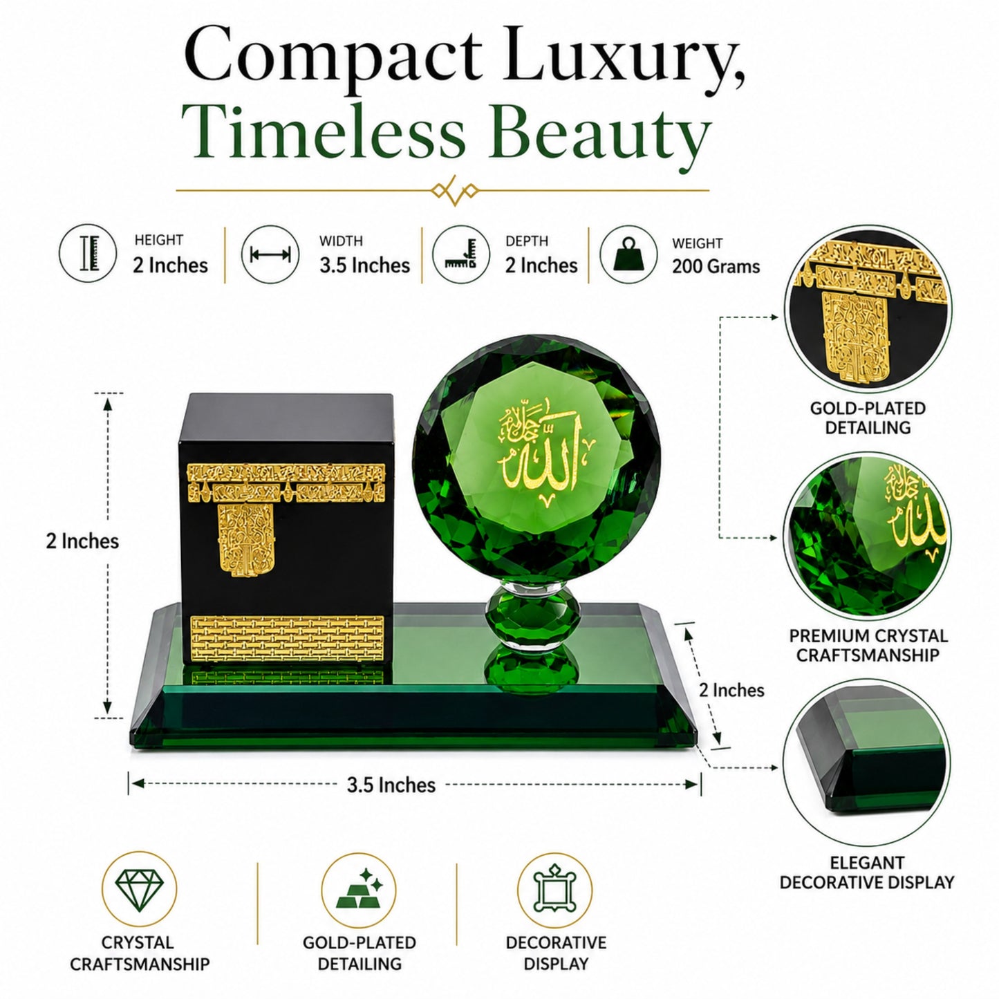 Kaaba Crystal Showpiece with Allah Crystal Accent – Premium Islamic Home Décor, Elegant Eid & Ramadan Gift, Prayer Room & Office Table Decoration, Luxury Gift Box Included (3.5 x 2 x 2 Inches)