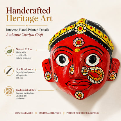 Cheriyal Mask Wall Decor 4x4 Inch – Handcrafted Telangana Art, Traditional Hand-Painted Wooden Face Mask, Ethnic Home Decor, Cultural Gift Item