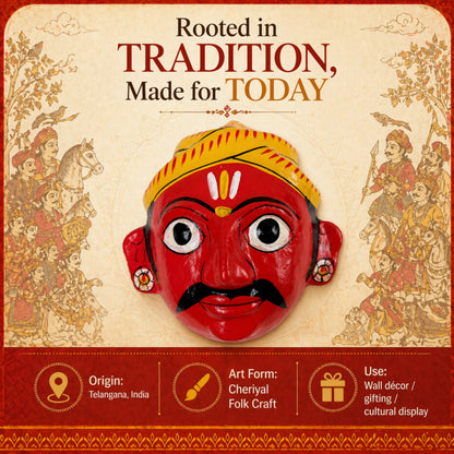 Handcrafted Cheriyal Mask Wall Décor – Traditional Telangana Folk Art, Hand-Painted Wooden Face Mask for Home Decoration, Cultural Gift (7 Inch)