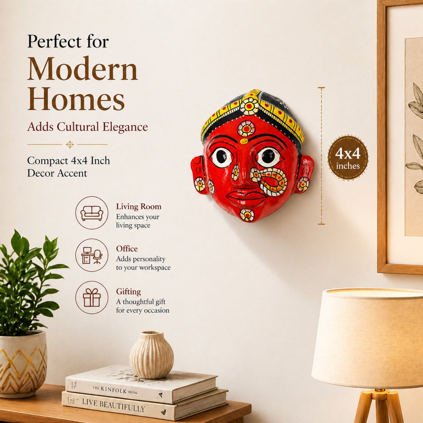 Cheriyal Mask Wall Decor 4x4 Inch – Handcrafted Telangana Art, Traditional Hand-Painted Wooden Face Mask, Ethnic Home Decor, Cultural Gift Item