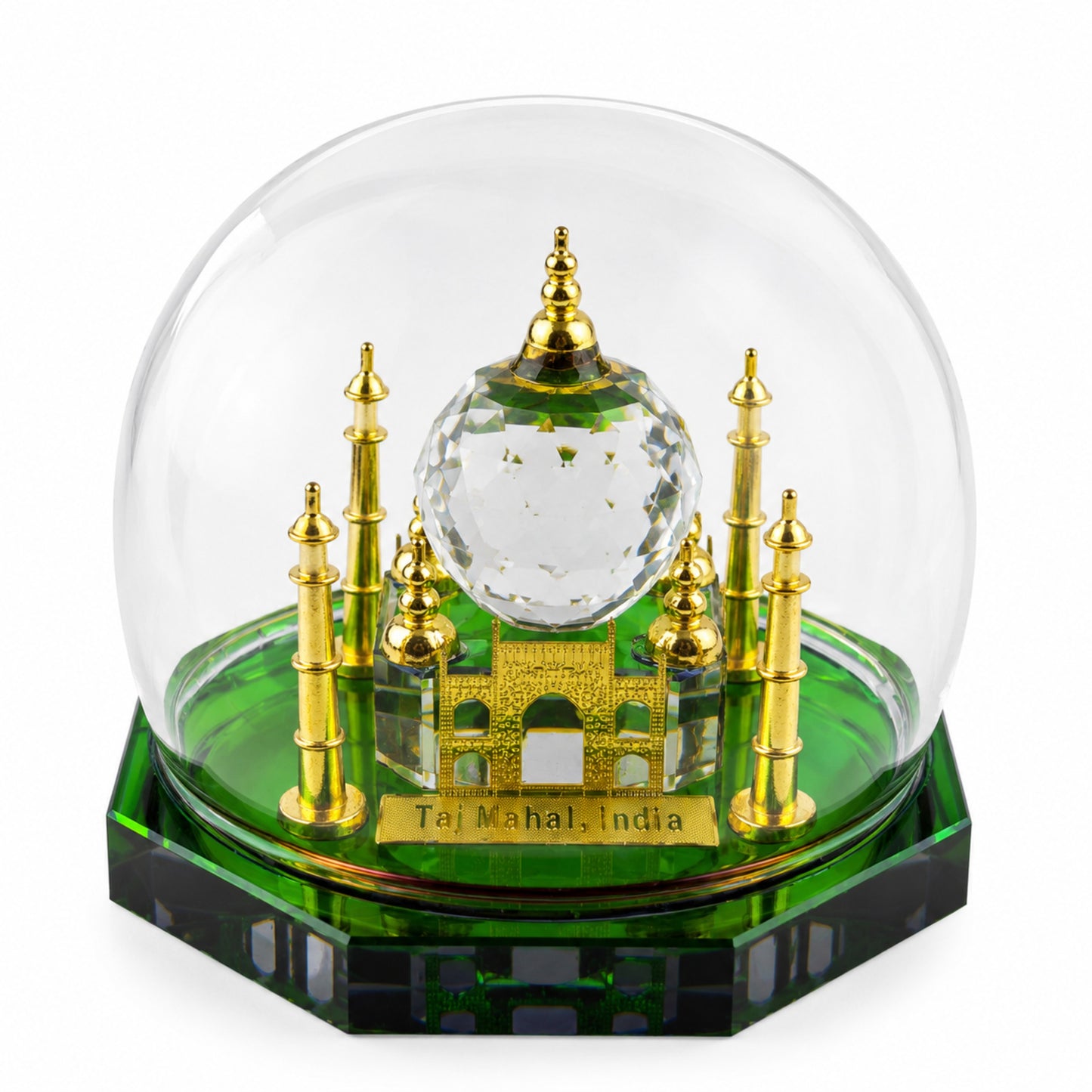 Crystal Taj Mahal Dome Showpiece with Gift Box – Premium Miniature Indian Souvenir & Luxury Home Decor Collectible, Green & Gold Crystal Finish (2.5 x 3.5 x 3.5 Inch)