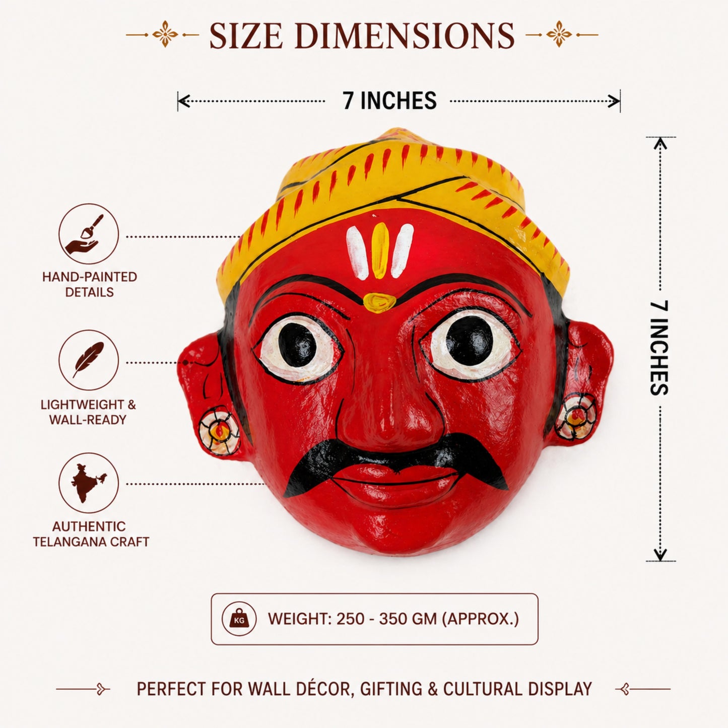 Handcrafted Cheriyal Mask Wall Décor – Traditional Telangana Folk Art, Hand-Painted Wooden Face Mask for Home Decoration, Cultural Gift (7 Inch)