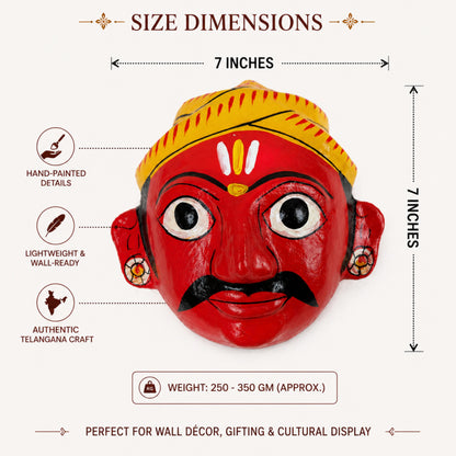 Handcrafted Cheriyal Mask Wall Décor – Traditional Telangana Folk Art, Hand-Painted Wooden Face Mask for Home Decoration, Cultural Gift (7 Inch)