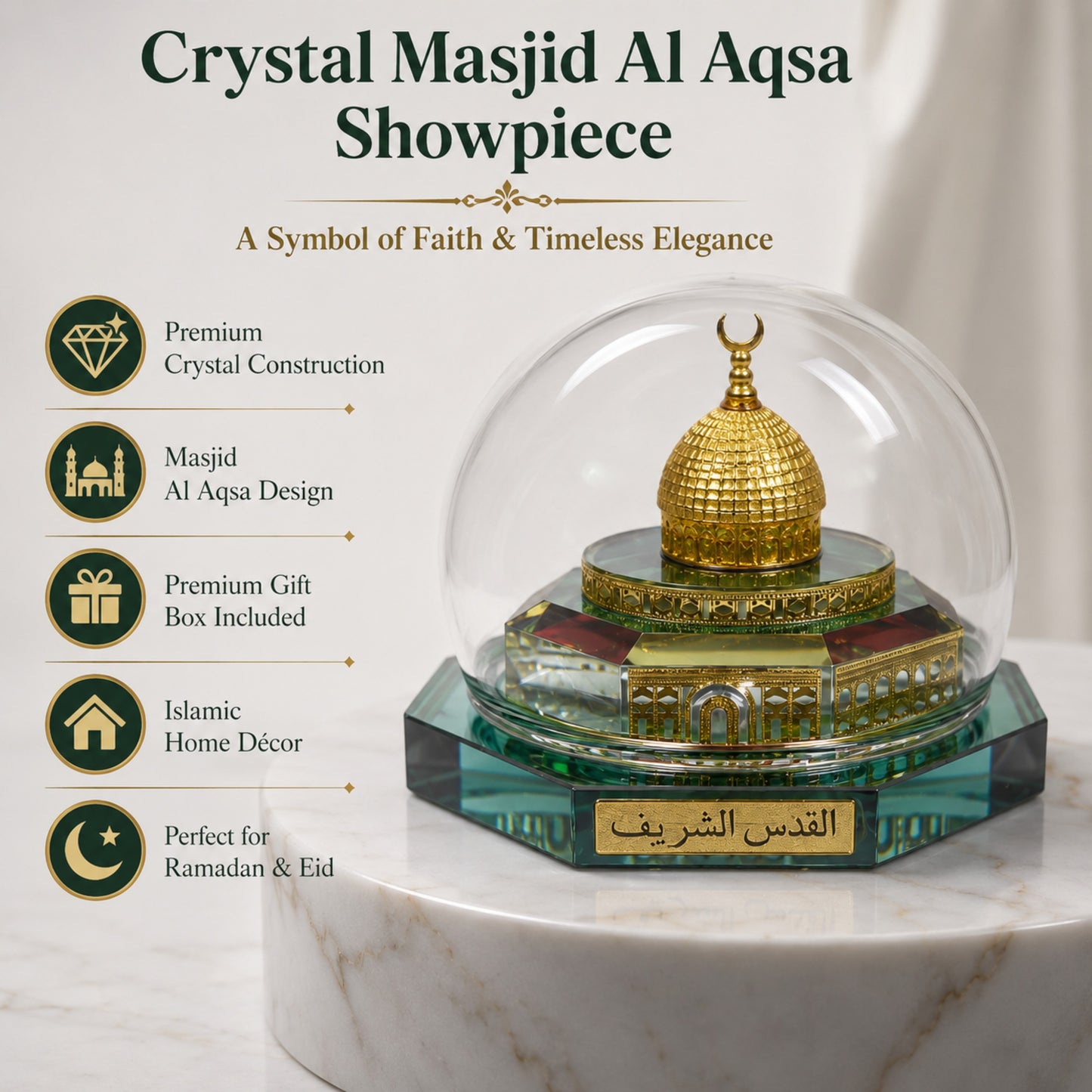 Crystal Masjid Al Aqsa Showpiece with Dome | Premium Crystal Islamic Home Decor | Muslim Gift for Ramadan, Eid, Housewarming & Office Desk Decoration| 3 x 3.5 x 3.5 Inch