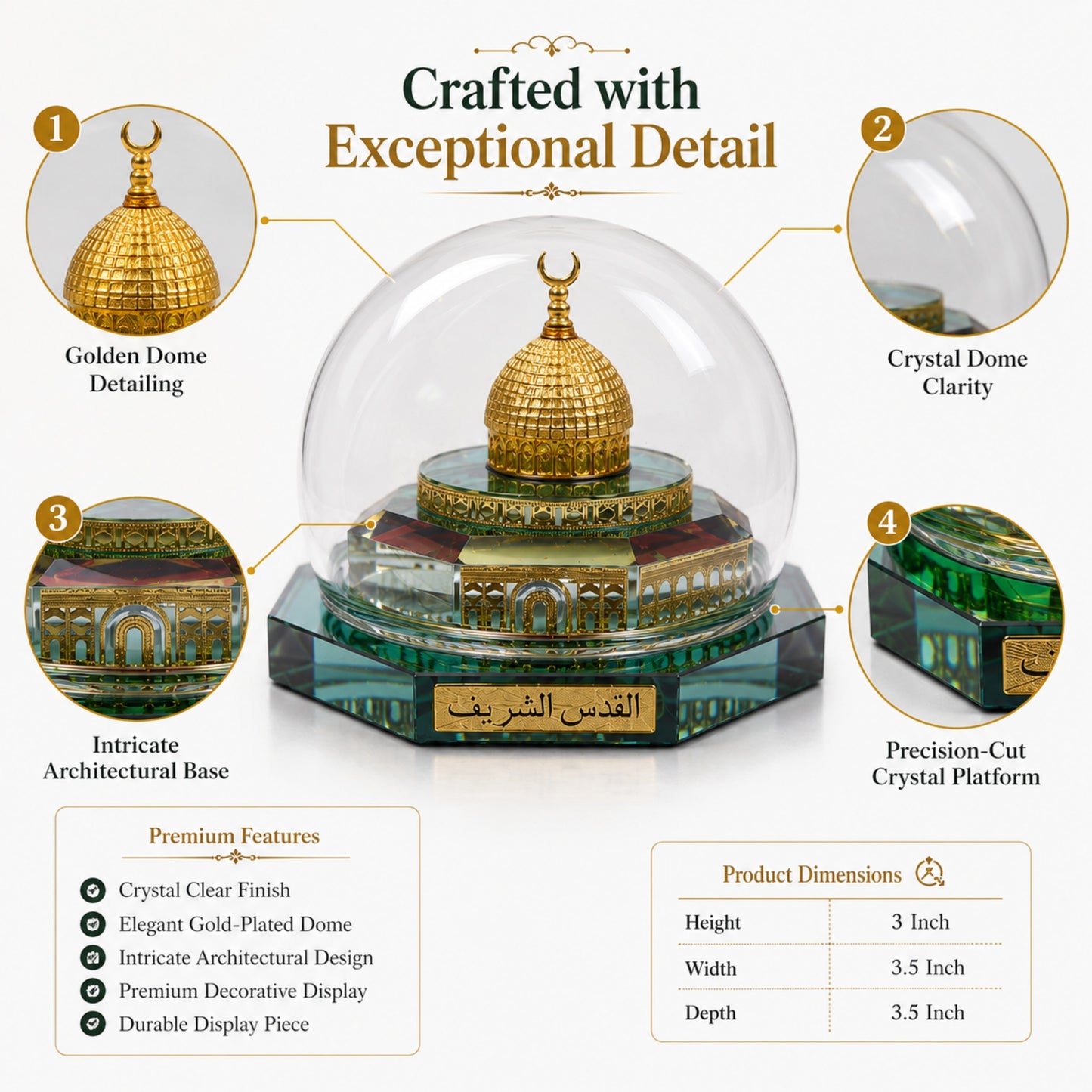 Crystal Masjid Al Aqsa Showpiece with Dome | Premium Crystal Islamic Home Decor | Muslim Gift for Ramadan, Eid, Housewarming & Office Desk Decoration| 3 x 3.5 x 3.5 Inch