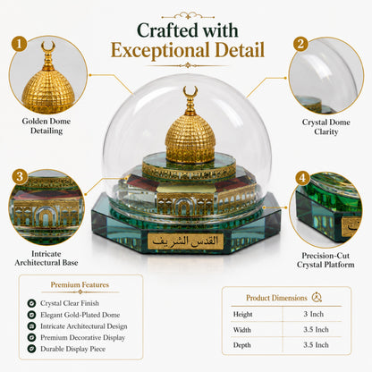 Crystal Masjid Al Aqsa Showpiece with Dome | Premium Crystal Islamic Home Decor | Muslim Gift for Ramadan, Eid, Housewarming & Office Desk Decoration| 3 x 3.5 x 3.5 Inch
