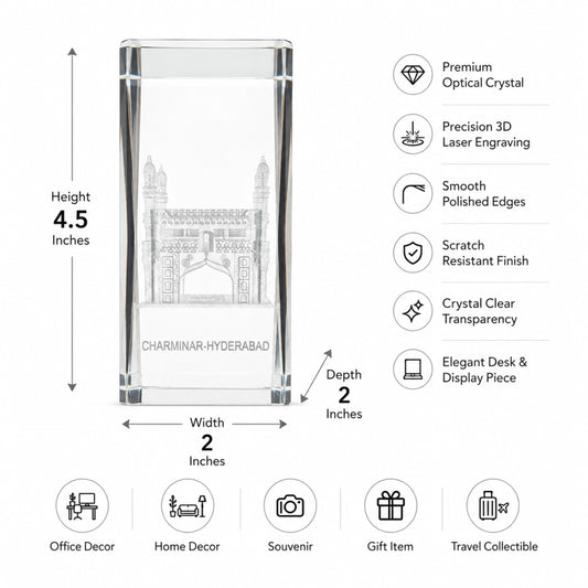 Crystal Charminar Hyderabad Showpiece | Premium Optical Crystal with 3D Laser Engraving | Handmade Souvenir, Home & Office Desk Decor | Gift for Collectors, Corporate Gifting & Hyderabad Lovers | 4.5 x 2 x 2 Inches