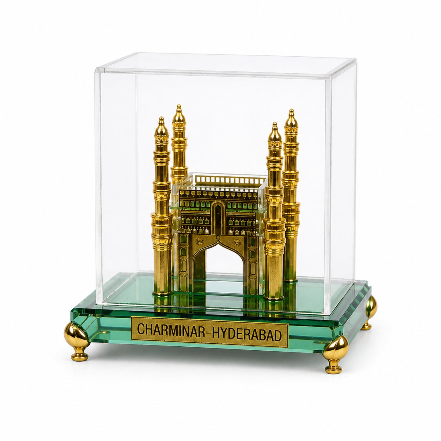 Crystal Charminar Showpiece with Premium Gift Box | Gold Finished Hyderabad Souvenir | Crystal Display Case | Luxury Home Décor & Desk Collectible | Gift for Home, Office & Special Occasions | 3.5 x 3.5 x 3.5 Inches